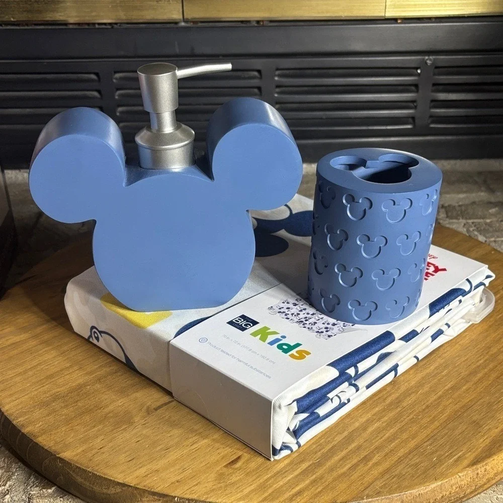 Disney Mickey Mouse Bathroom Set: Shower Curtain Brush Holder Soap Dispenser NEW